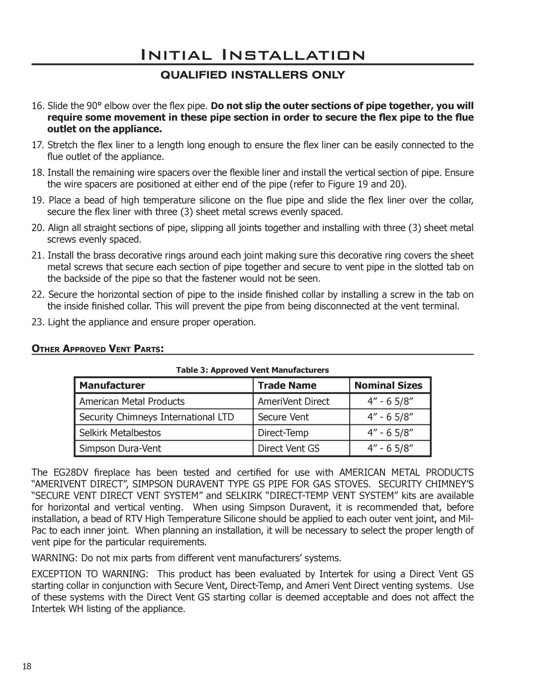 Enviro EG28 DV, EG28-120 owner manual Manufacturer Trade Name Nominal Sizes 