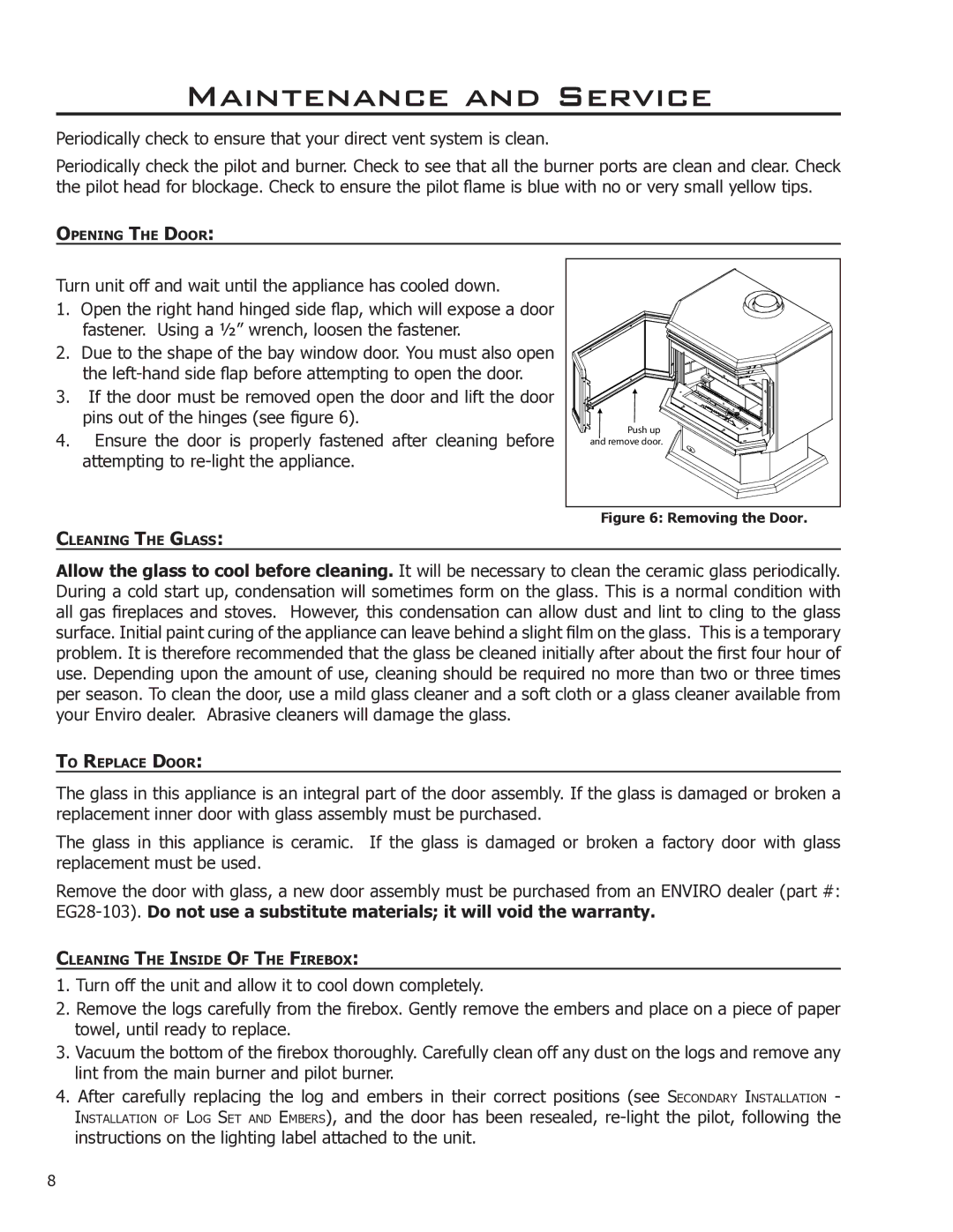 Enviro EG28 DV, EG28-120 owner manual Maintenance and Service, Removing the Door 