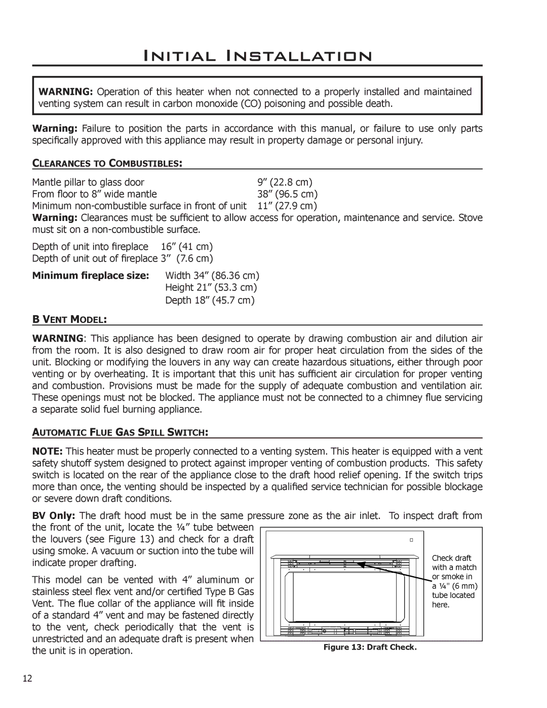 Enviro EG31-118 owner manual Initial Installation, Minimum fireplace size Width 34 86.36 cm Height 21 53.3 cm 