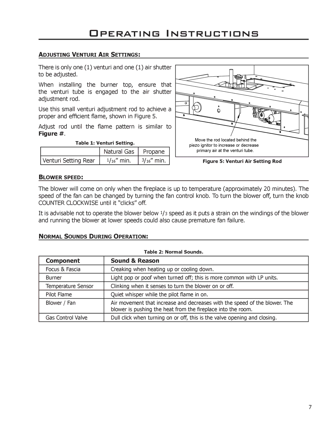 Enviro EG31-118 owner manual Natural Gas Propane Venturi Setting Rear, Component Sound & Reason 