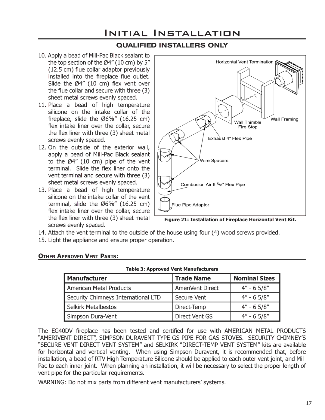 Enviro EG40-070 owner manual Manufacturer Trade Name Nominal Sizes, Installation of Fireplace Horizontal Vent Kit 