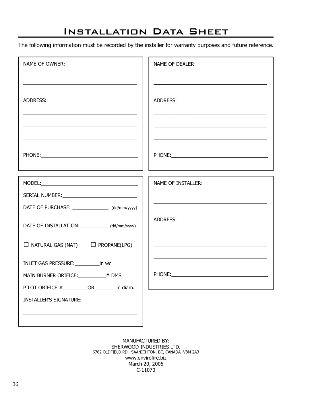 Enviro EG40-070 owner manual Installation Data Sheet 