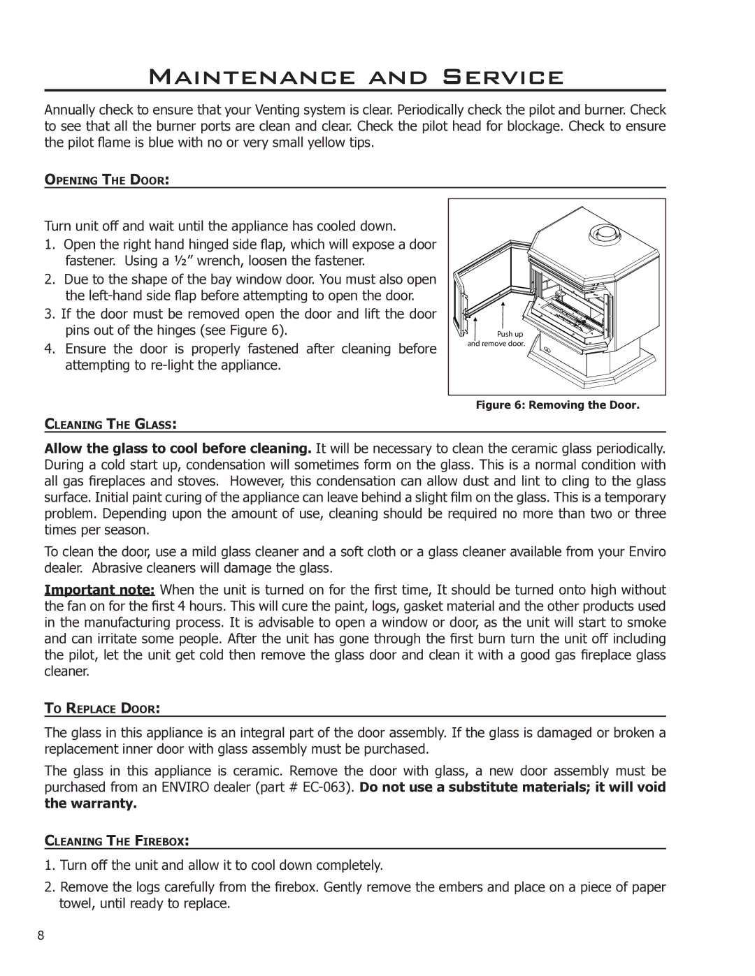 Enviro EG40-070 owner manual Maintenance and Service, Removing the Door 