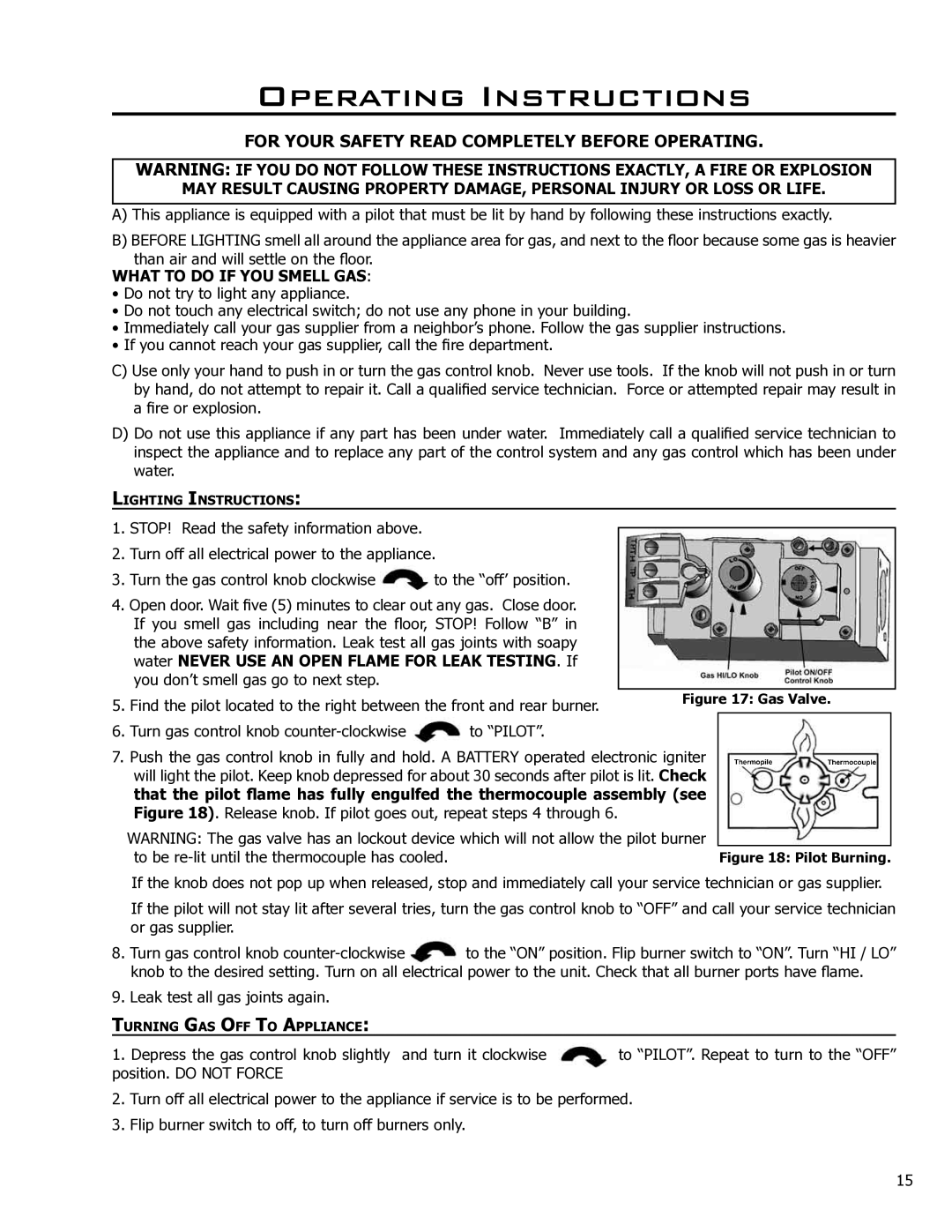 Enviro EG40-071 owner manual Operating Instructions, What to do if YOU Smell GAS 