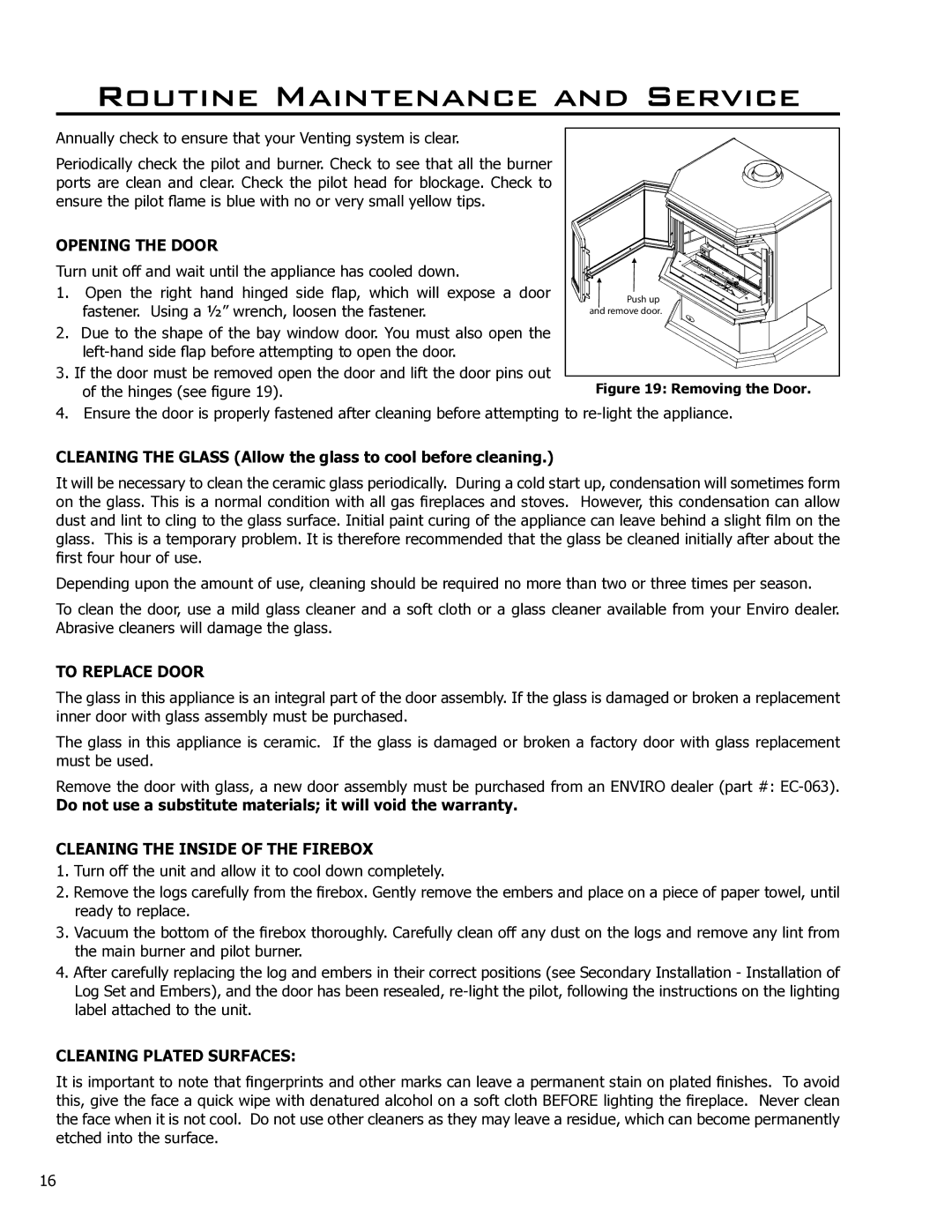 Enviro EG40-071 Routine Maintenance and Service, Opening the Door, To Replace Door, Cleaning the Inside of the Firebox 