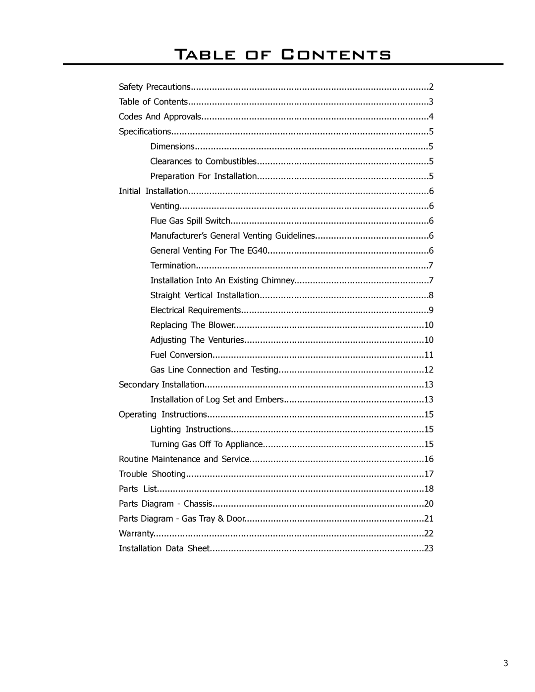 Enviro EG40-071 owner manual Table of Contents 