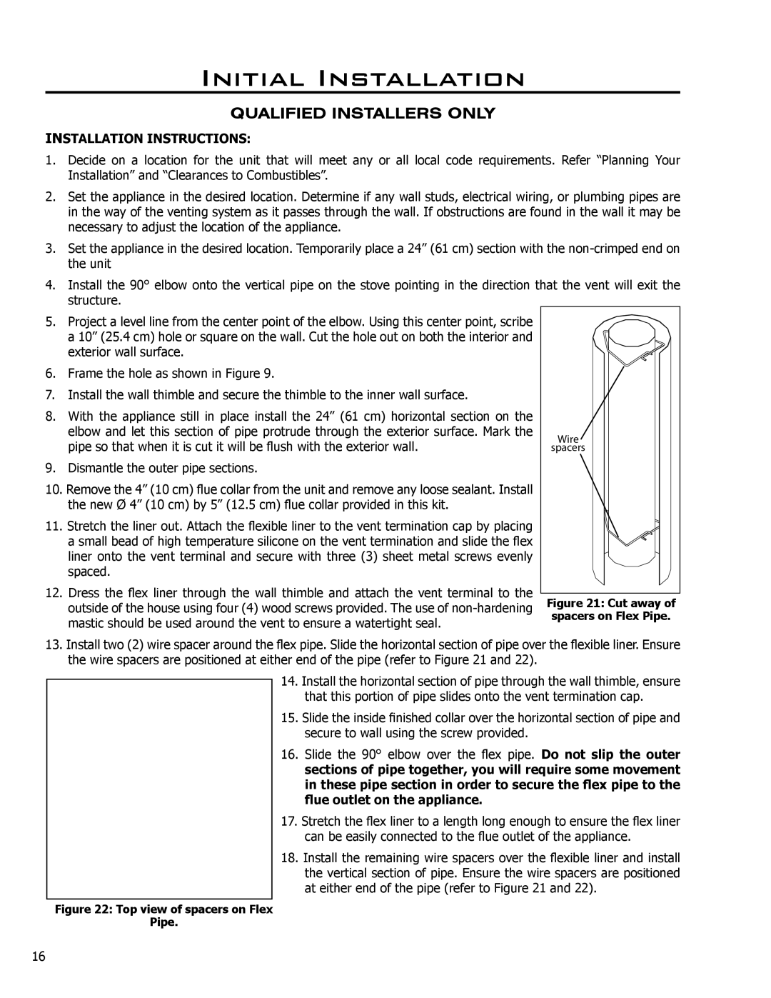 Enviro EG40 DV, C-10365 owner manual Installation Instructions, Cut away of spacers on Flex Pipe 