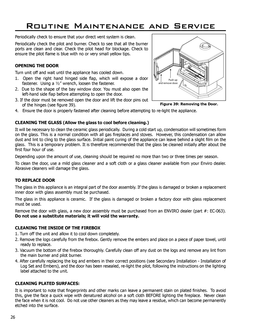 Enviro EG40 DV Routine Maintenance and Service, Opening the Door, To Replace Door, Cleaning the Inside of the Firebox 