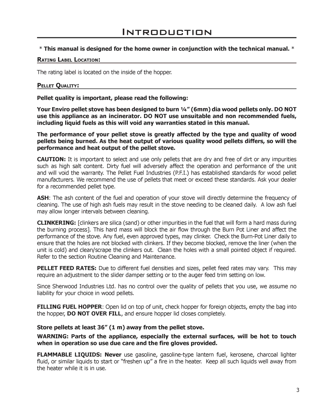 Enviro Enviro Maxx owner manual Introduction, Store pellets at least 36 1 m away from the pellet stove 