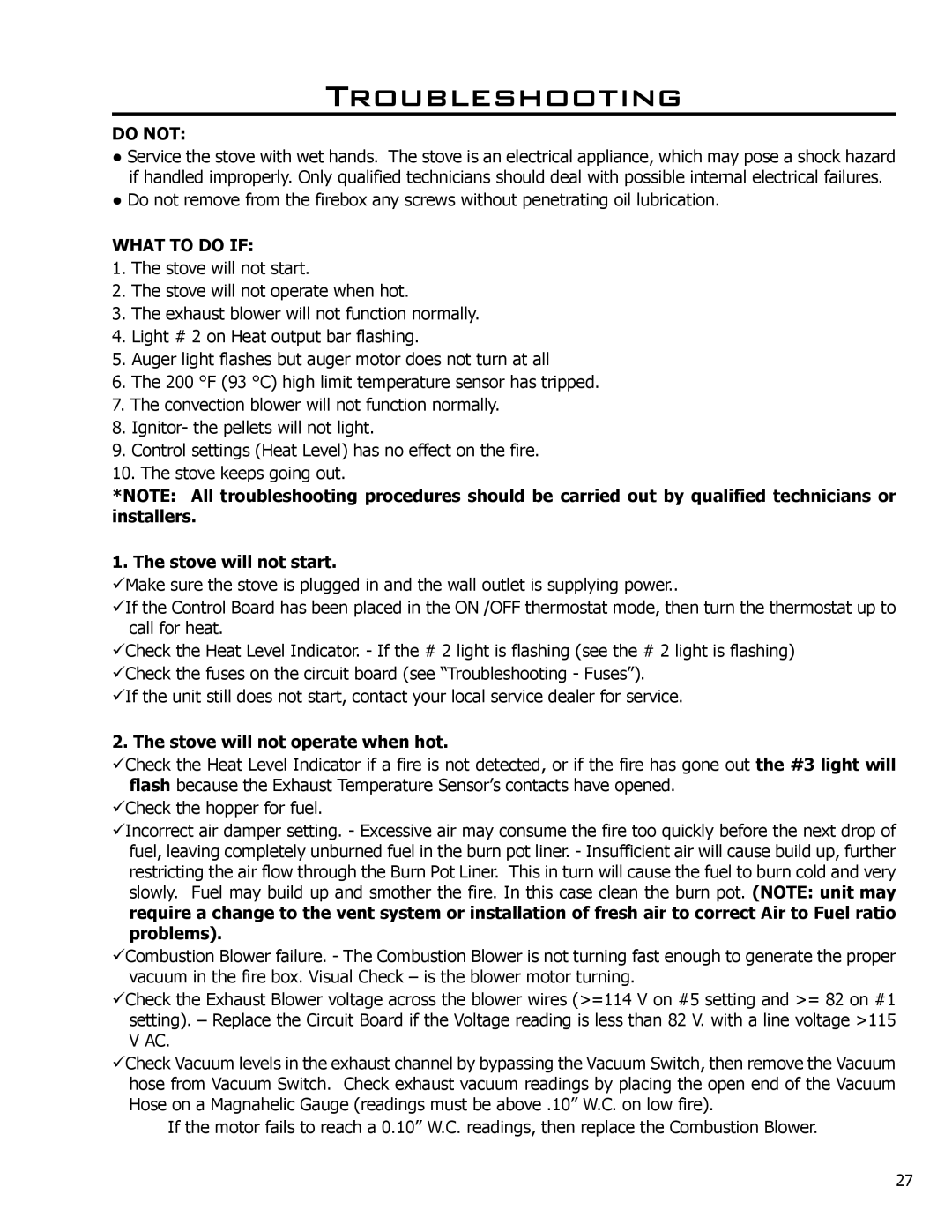 Enviro C-10825, Evolution Troubleshooting, Do not, What to do if, Stove will not start, Stove will not operate when hot 