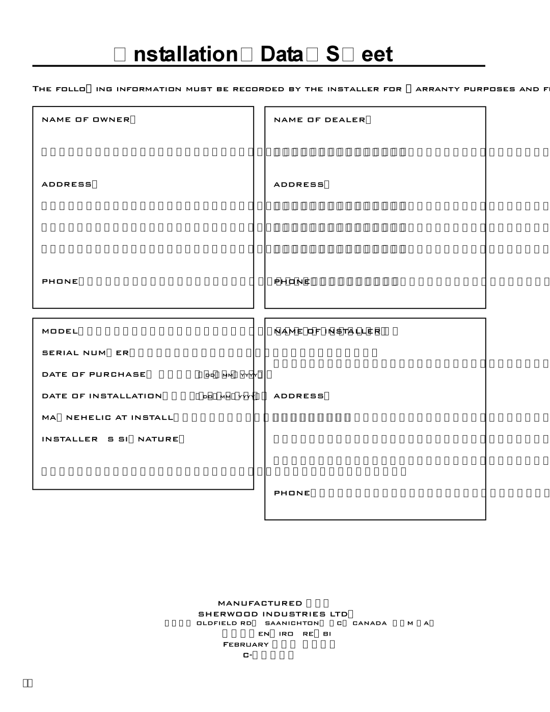 Enviro Evolution, C-10825 owner manual Installation Data Sheet, Name of Owner Address 