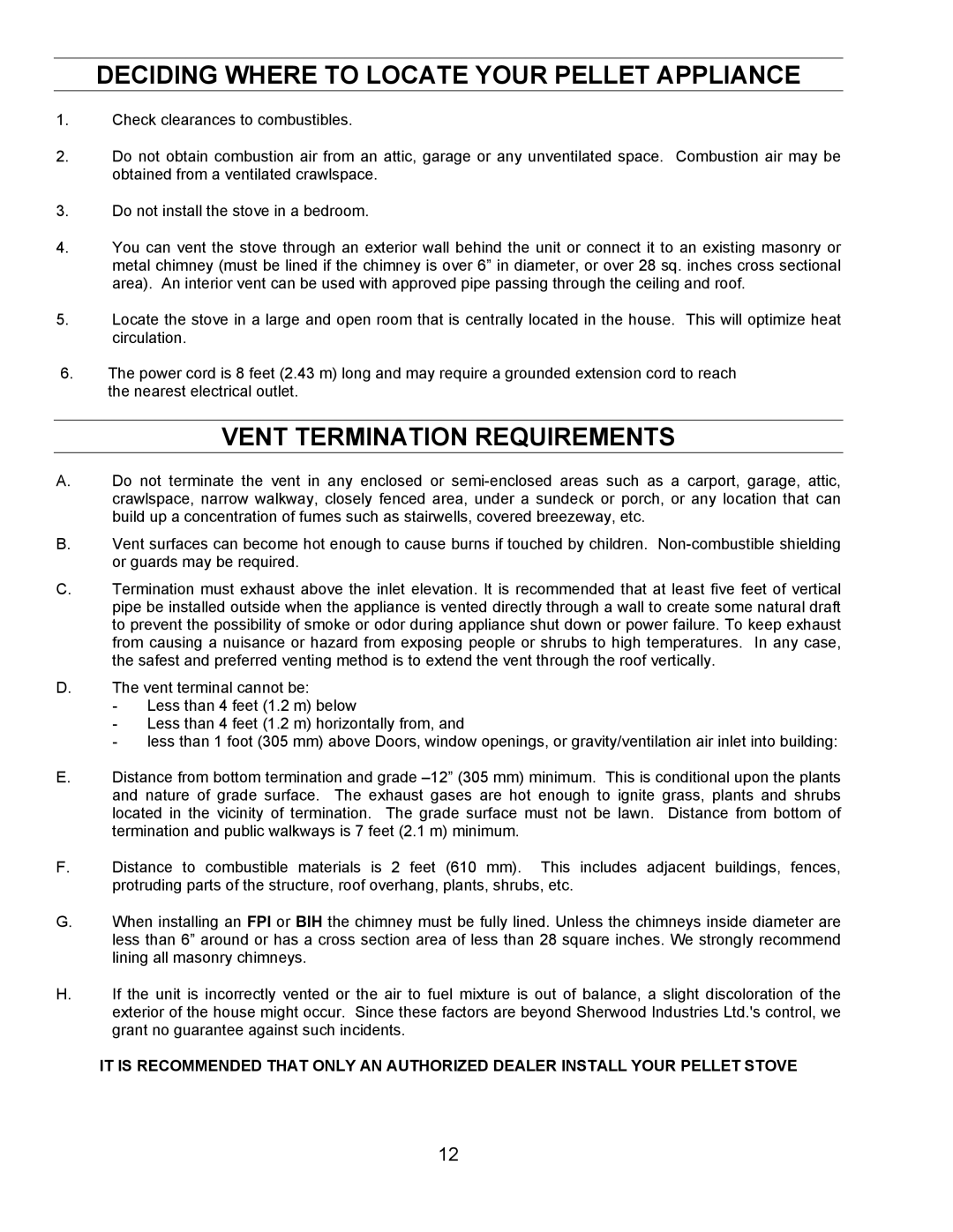 Enviro FS, FPI, BIH technical manual Deciding Where to Locate Your Pellet Appliance, Vent Termination Requirements 