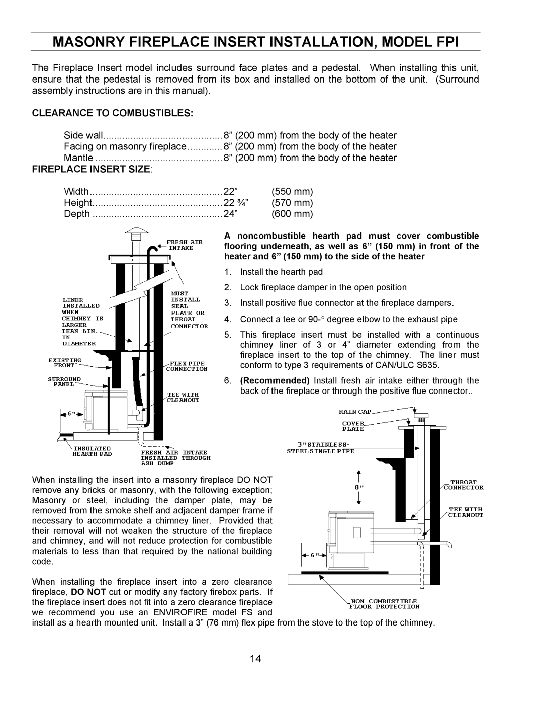 Enviro BIH, FS Masonry Fireplace Insert INSTALLATION, Model FPI, Clearance to Combustibles, Fireplace Insert Size 