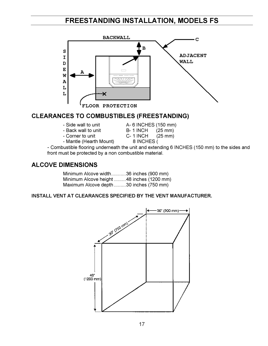 Enviro BIH, FPI technical manual Freestanding INSTALLATION, Models FS, Clearances to Combustibles Freestanding 