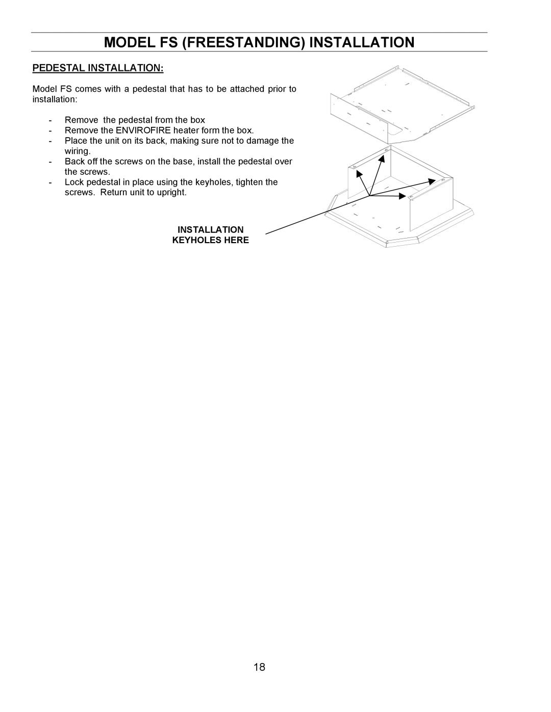 Enviro FPI, BIH technical manual Model FS Freestanding Installation, Pedestal Installation, Installation Keyholes Here 