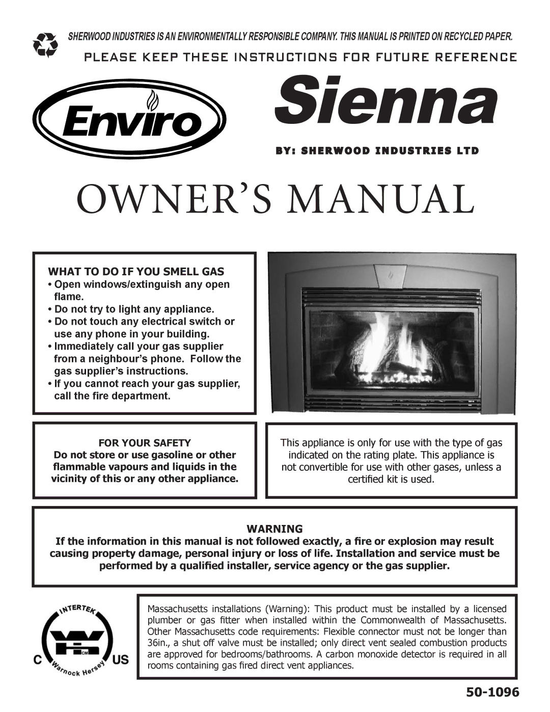 Enviro Indoor Gas Fireplace owner manual Sienna 