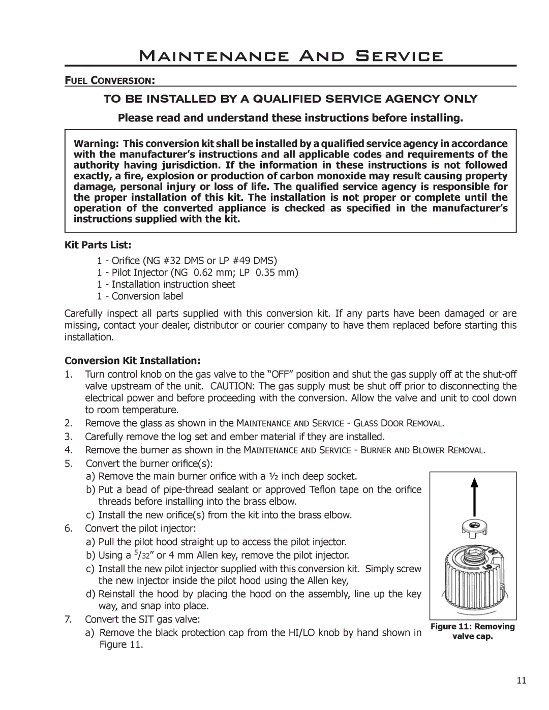 Enviro Indoor Gas Fireplace owner manual Kit Parts List, Conversion Kit Installation 