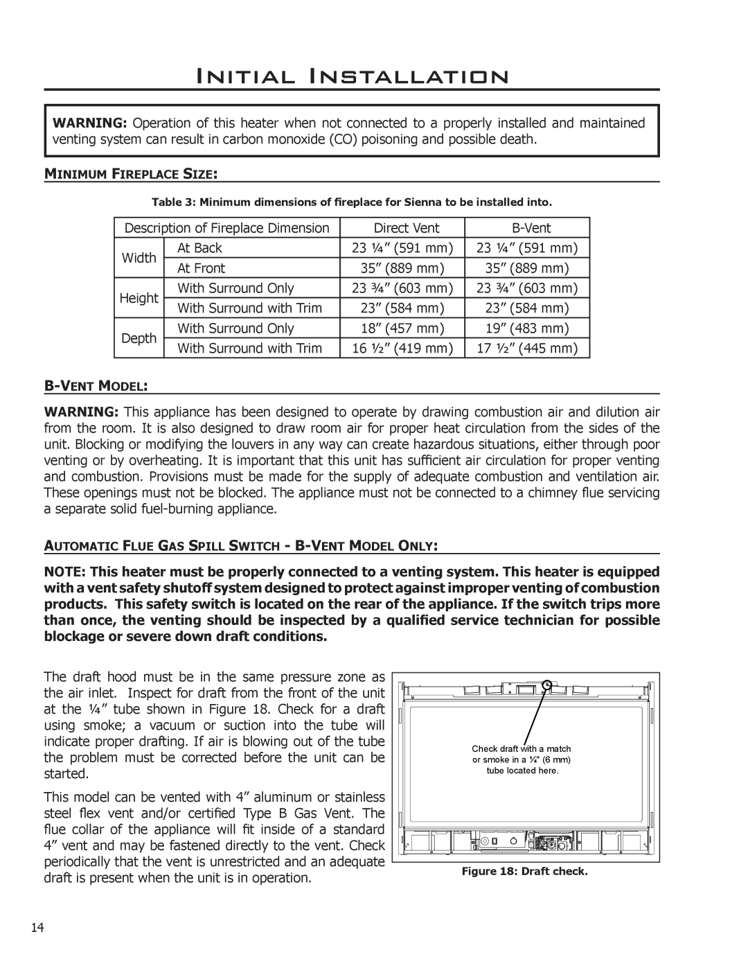 Enviro Indoor Gas Fireplace owner manual Description of Fireplace Dimension Direct Vent Width At Back 