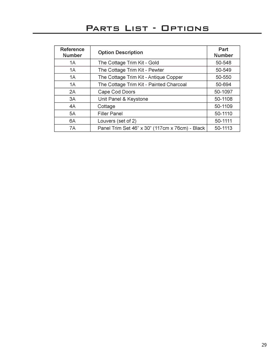 Enviro Indoor Gas Fireplace owner manual Parts List Options 