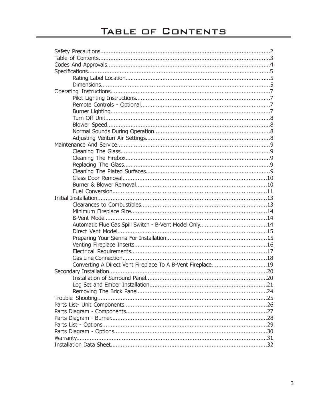 Enviro Indoor Gas Fireplace owner manual Table of Contents 