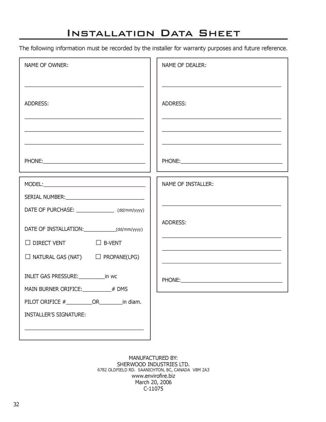 Enviro Indoor Gas Fireplace owner manual Installation Data Sheet 