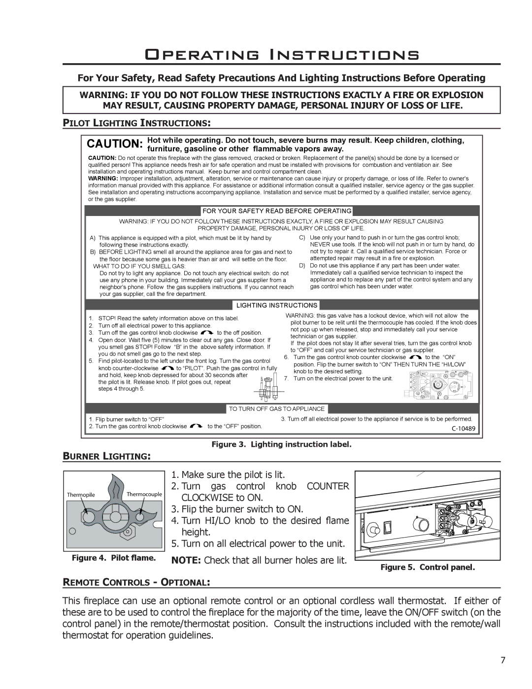 Enviro Indoor Gas Fireplace owner manual Operating Instructions, Pilot Lighting Instructions 