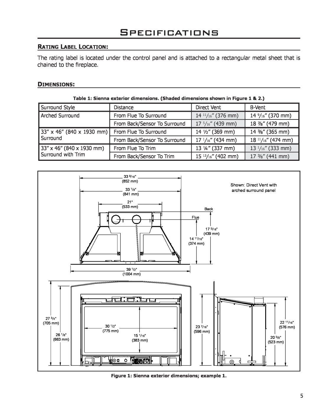 Enviro Indoor Gas Fireplace owner manual Specifications, Rating Label Location, Dimensions 