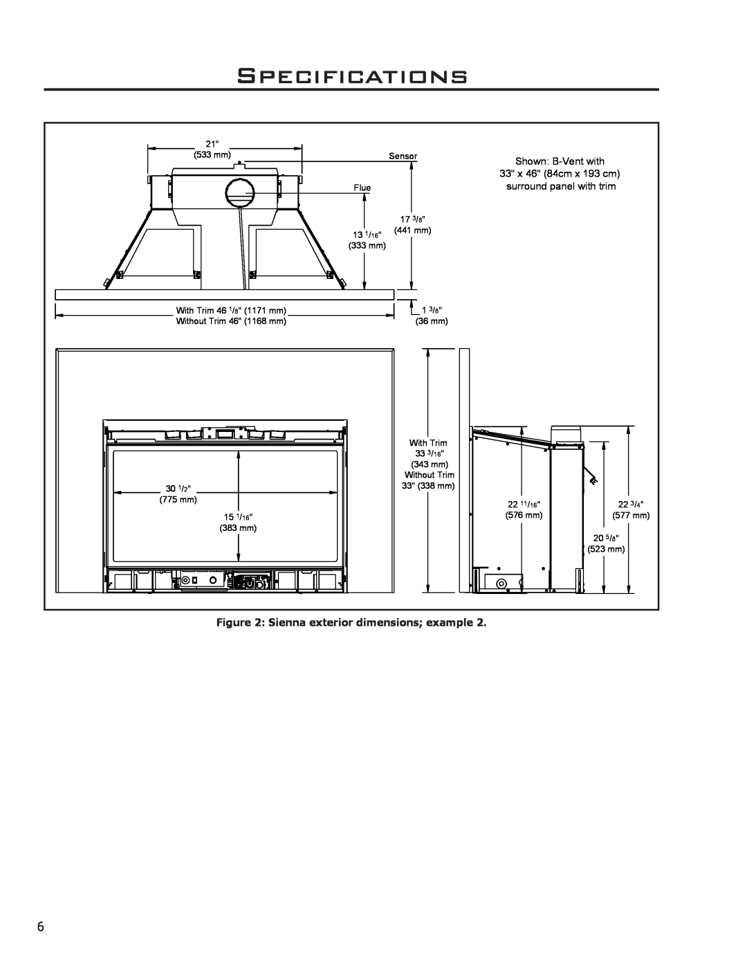 Enviro Indoor Gas Fireplace owner manual Specifications, Sienna exterior dimensions example, 33 x 46 84cm x 193 cm 