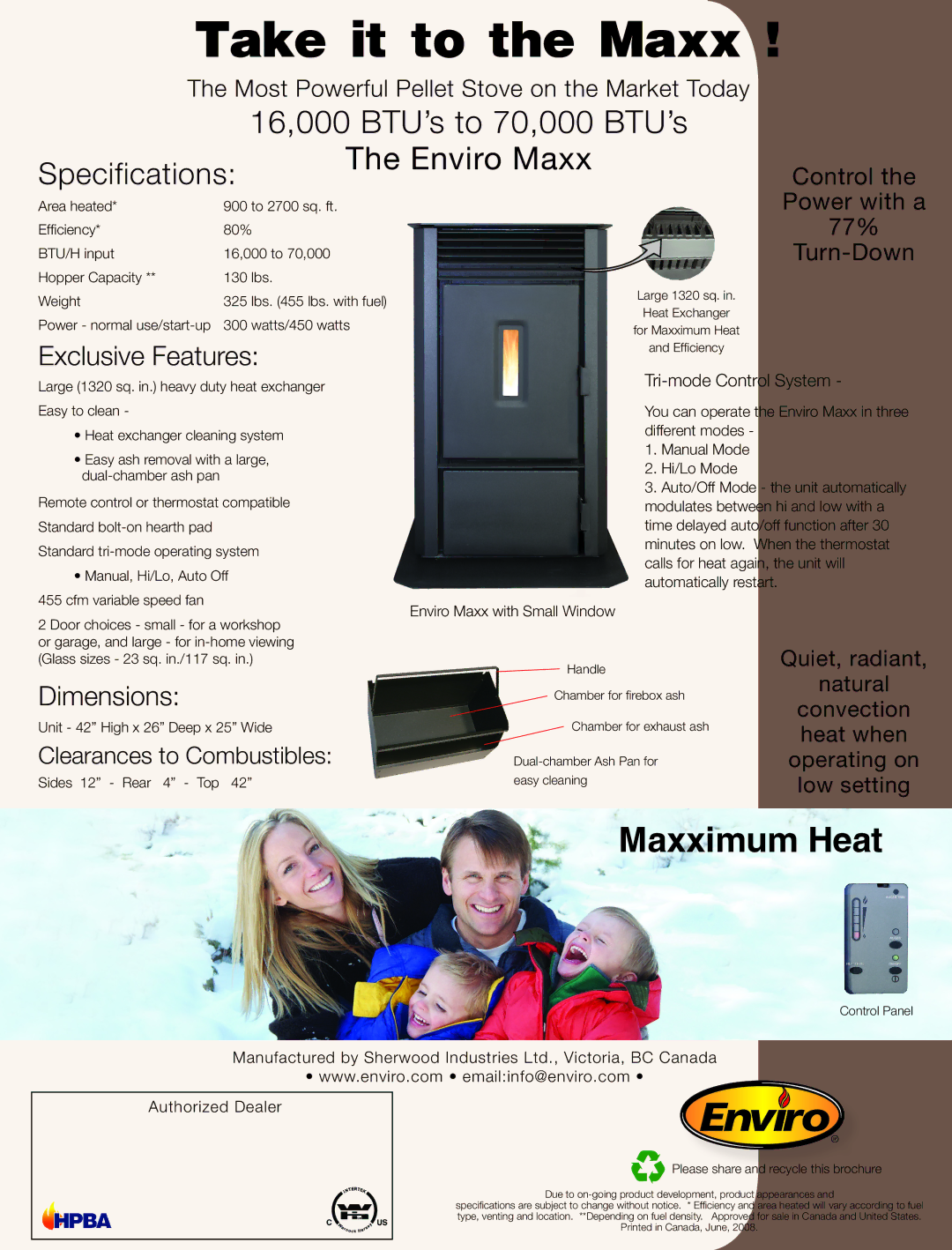 Enviro Maxx manual Exclusive Features, Dimensions 