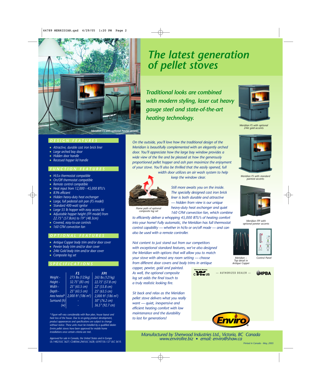 Enviro Meridian FS manual The latest generation of pellet stoves, gauge steel and state-of-the-art heating technology 