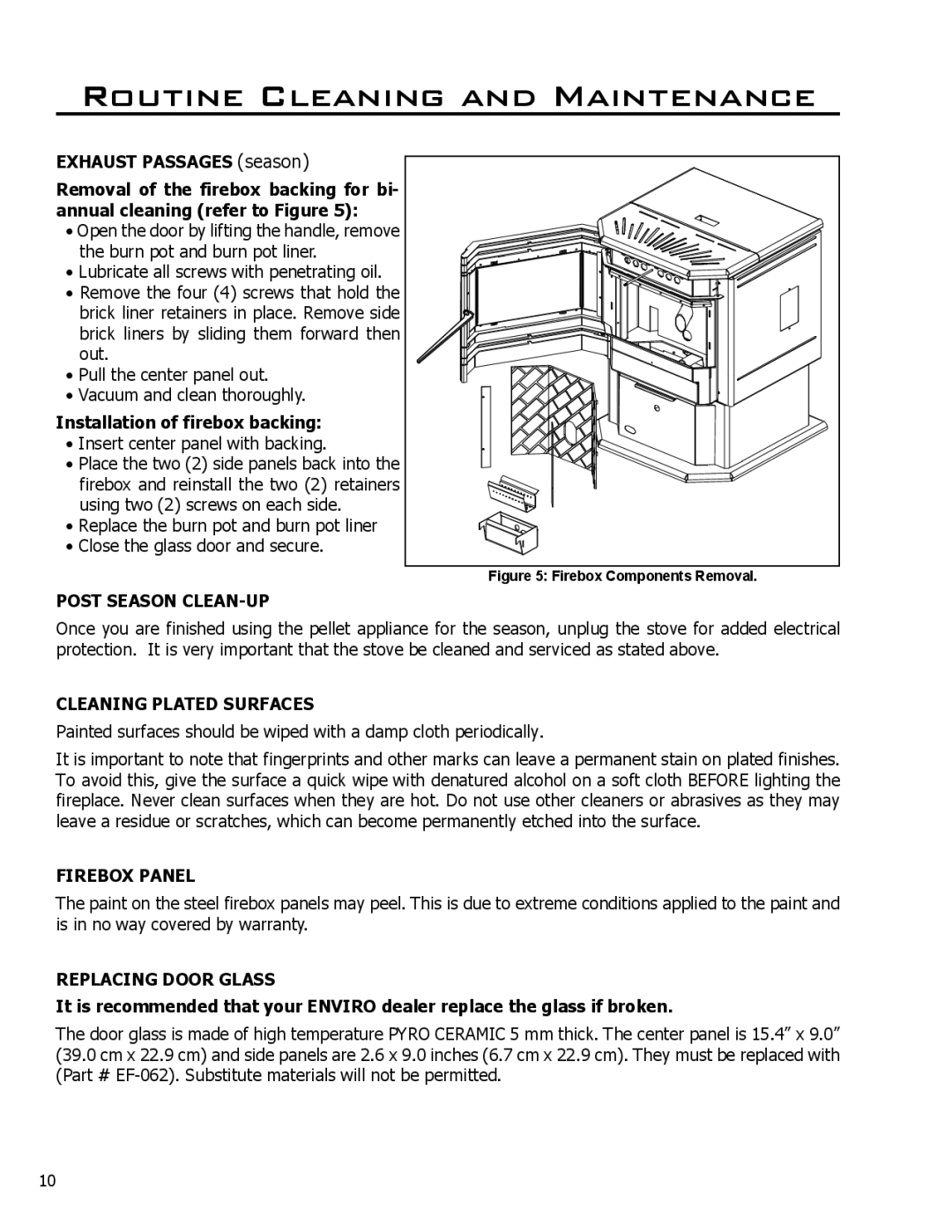 Enviro Meridian owner manual Installation of firebox backing, Post Season CLEAN-UP, Cleaning Plated Surfaces, Firebox Panel 