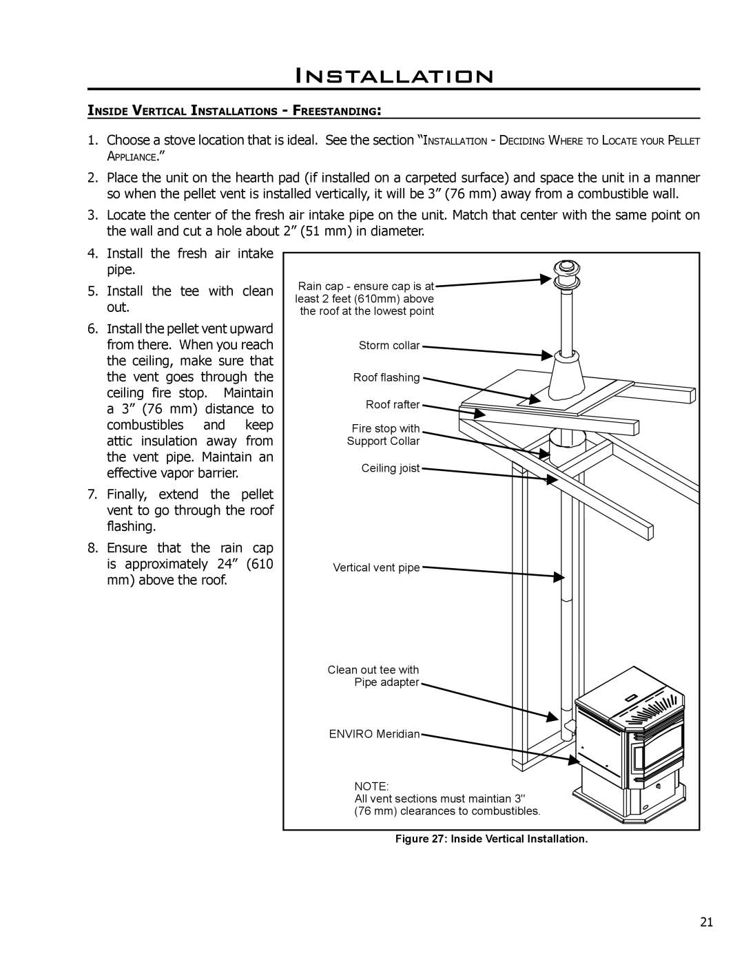 Enviro Meridian owner manual Inside Vertical Installation 