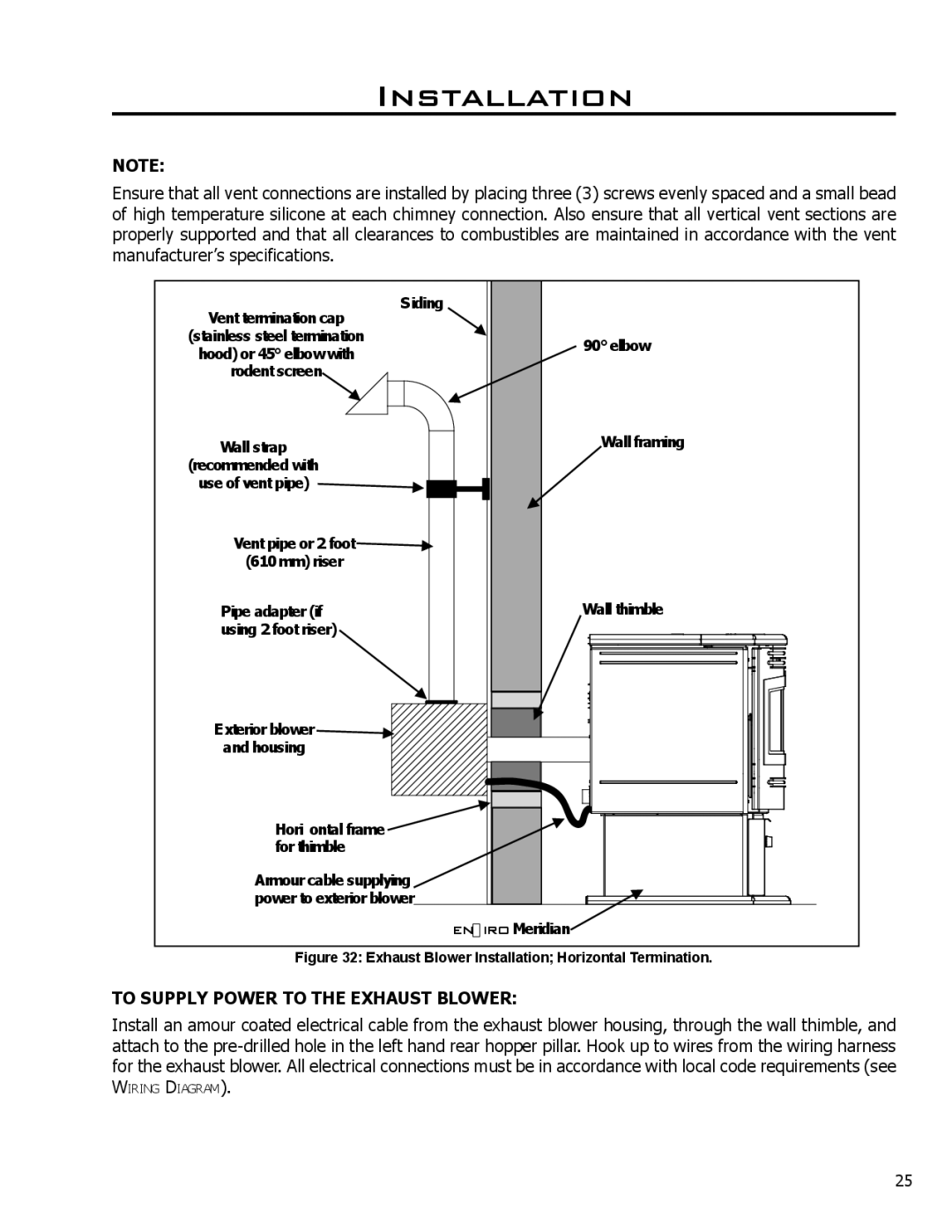 Enviro Meridian owner manual To Supply Power to the Exhaust Blower, Exhaust Blower Installation Horizontal Termination 