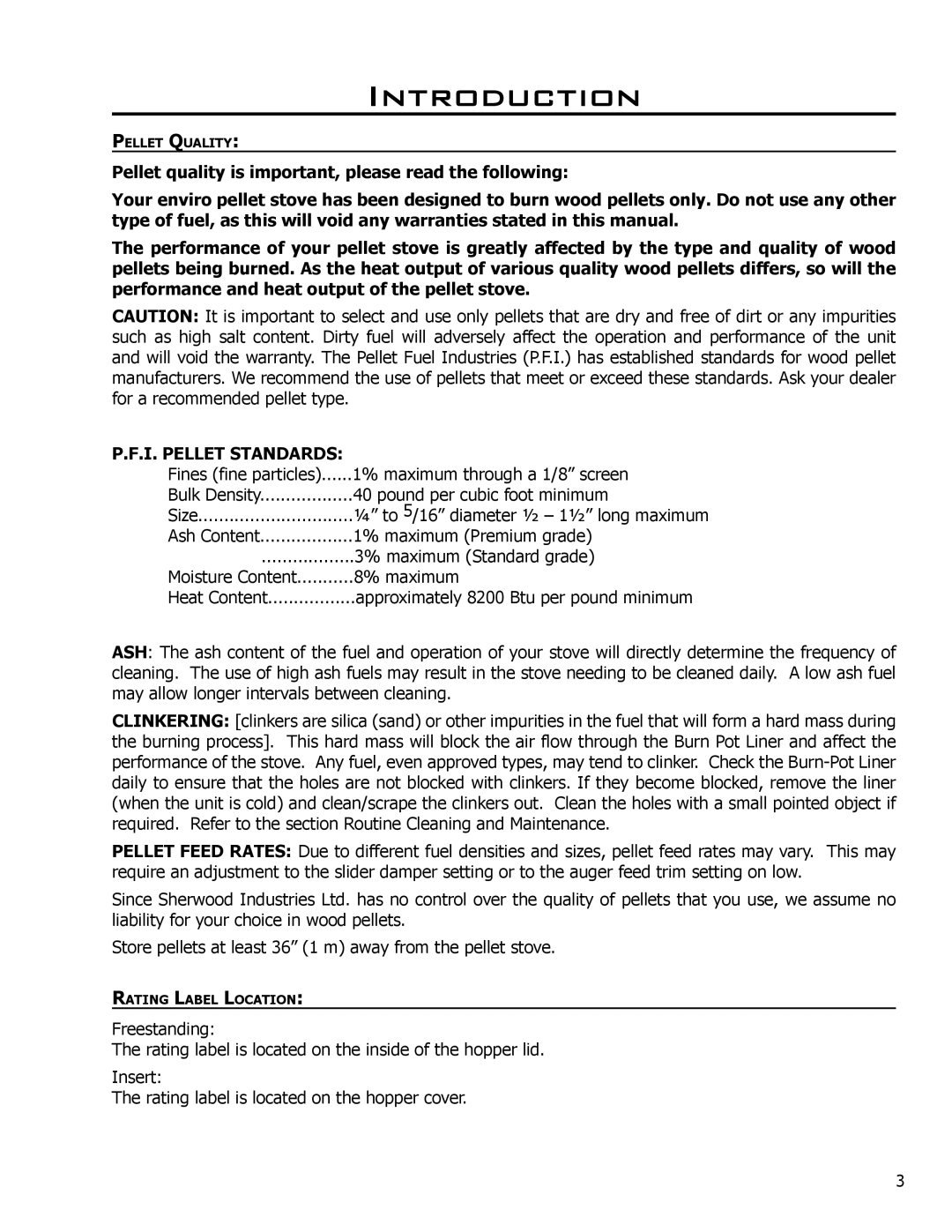 Enviro Meridian owner manual Introduction, I. Pellet Standards 