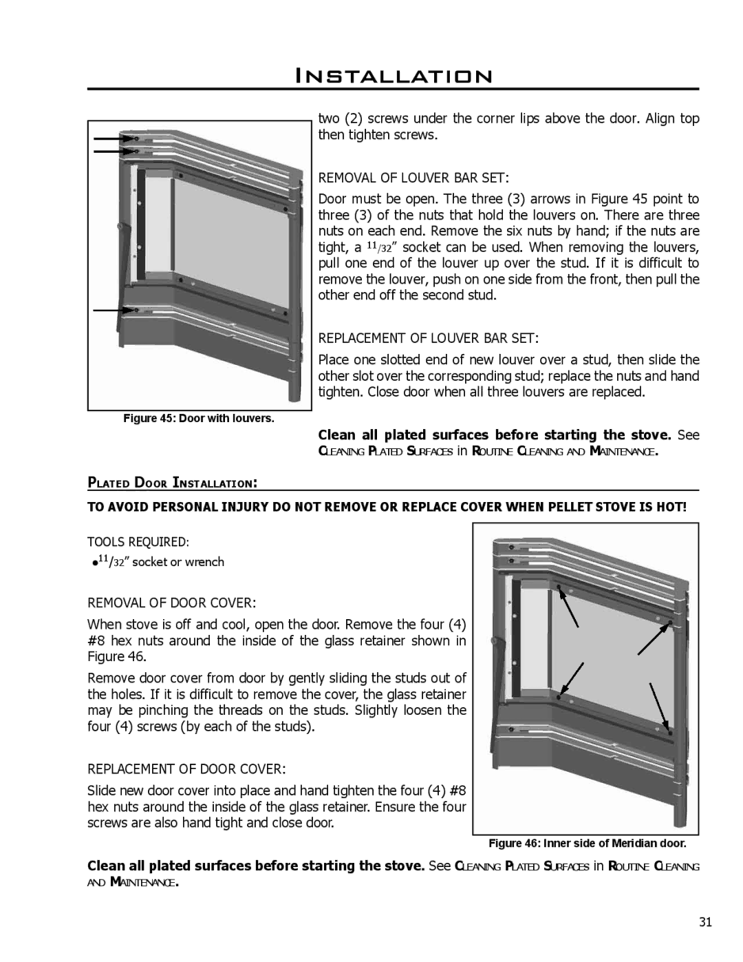 Enviro Meridian owner manual Removal of Louver BAR SET, Clean all plated surfaces before starting the stove. See 