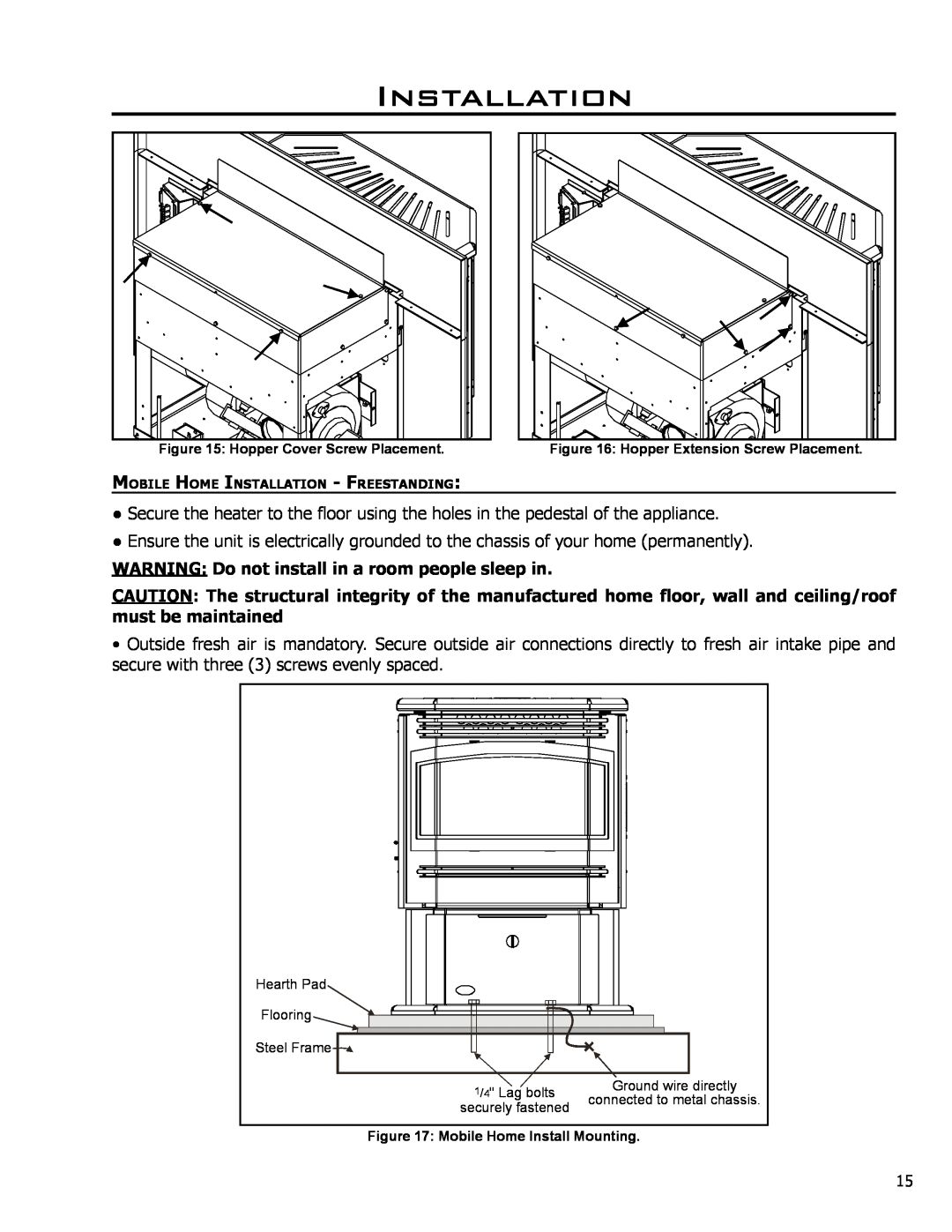 Enviro Meridian owner manual WARNING Do not install in a room people sleep in, Installation, Hopper Cover Screw Placement 