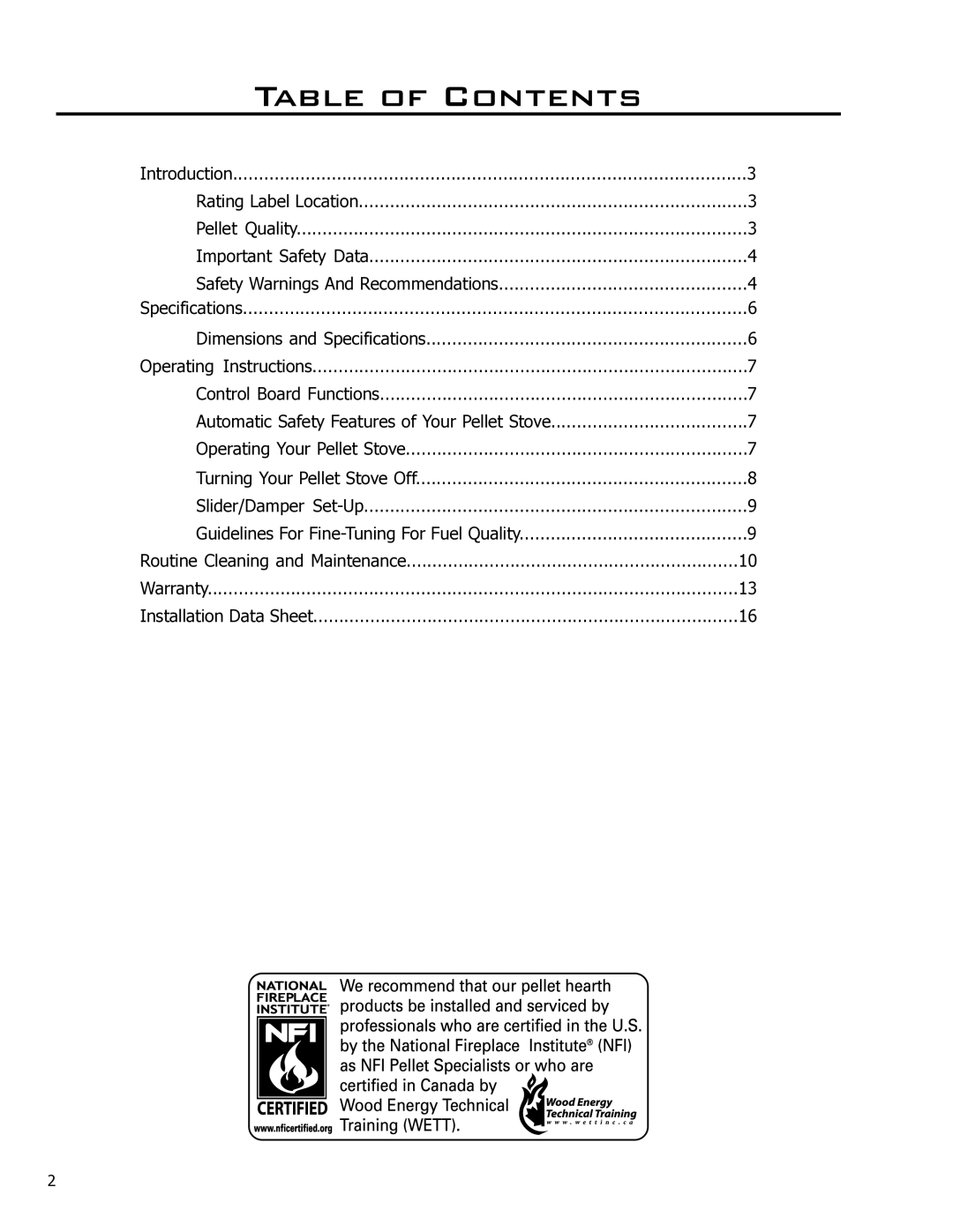 Enviro Mini A owner manual Table of Contents 