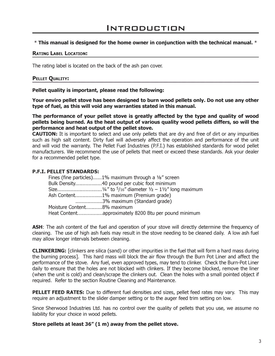 Enviro Mini A owner manual Introduction, I. Pellet Standards, Store pellets at least 36 1 m away from the pellet stove 