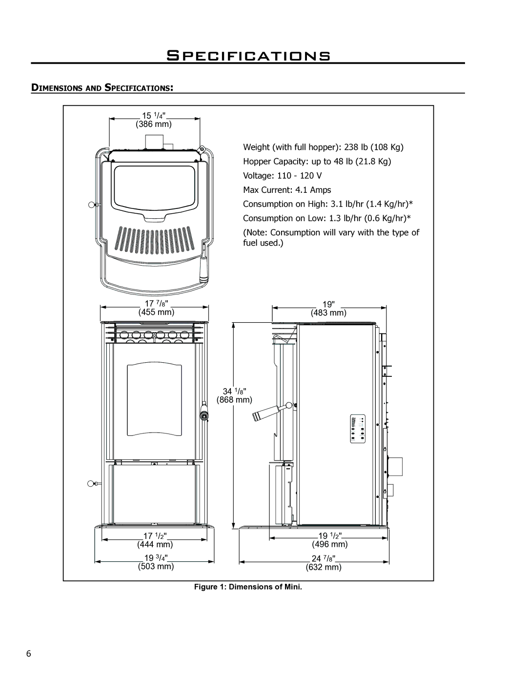 Enviro Mini A owner manual Specifications, Dimensions of Mini 