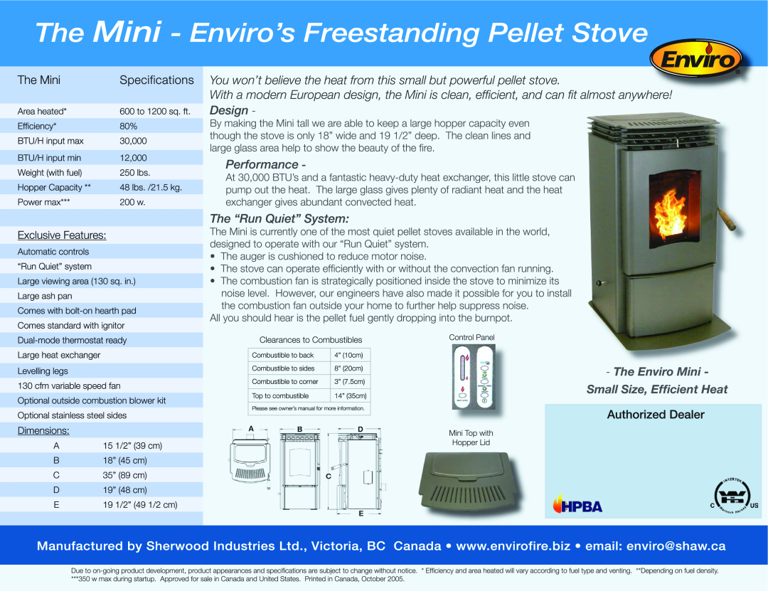 Enviro Mini Freestanding Pellet Stove manual The Mini, Specifications, Exclusive Features, Dimensions 