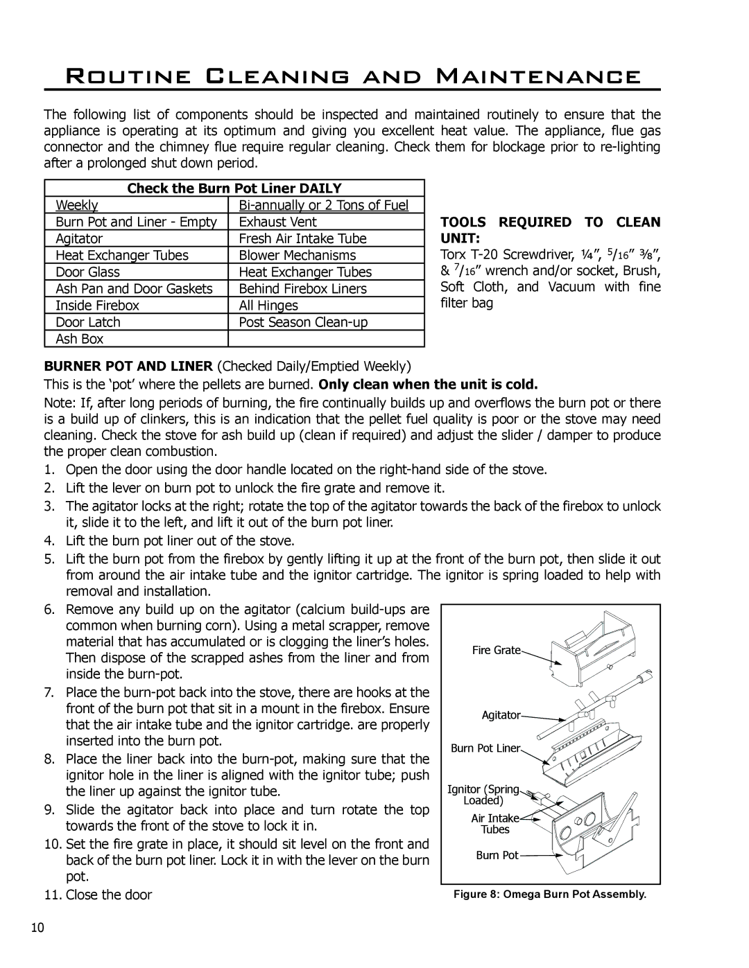 Enviro 50-1675, Omega Routine Cleaning and Maintenance, Check the Burn Pot Liner Daily, Tools Required to Clean, Unit 