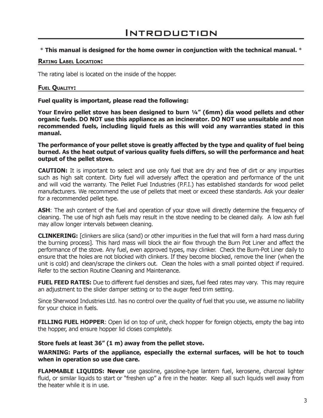Enviro C-11256, Omega, C-11407, 50-1675 owner manual Introduction, Store fuels at least 36 1 m away from the pellet stove 