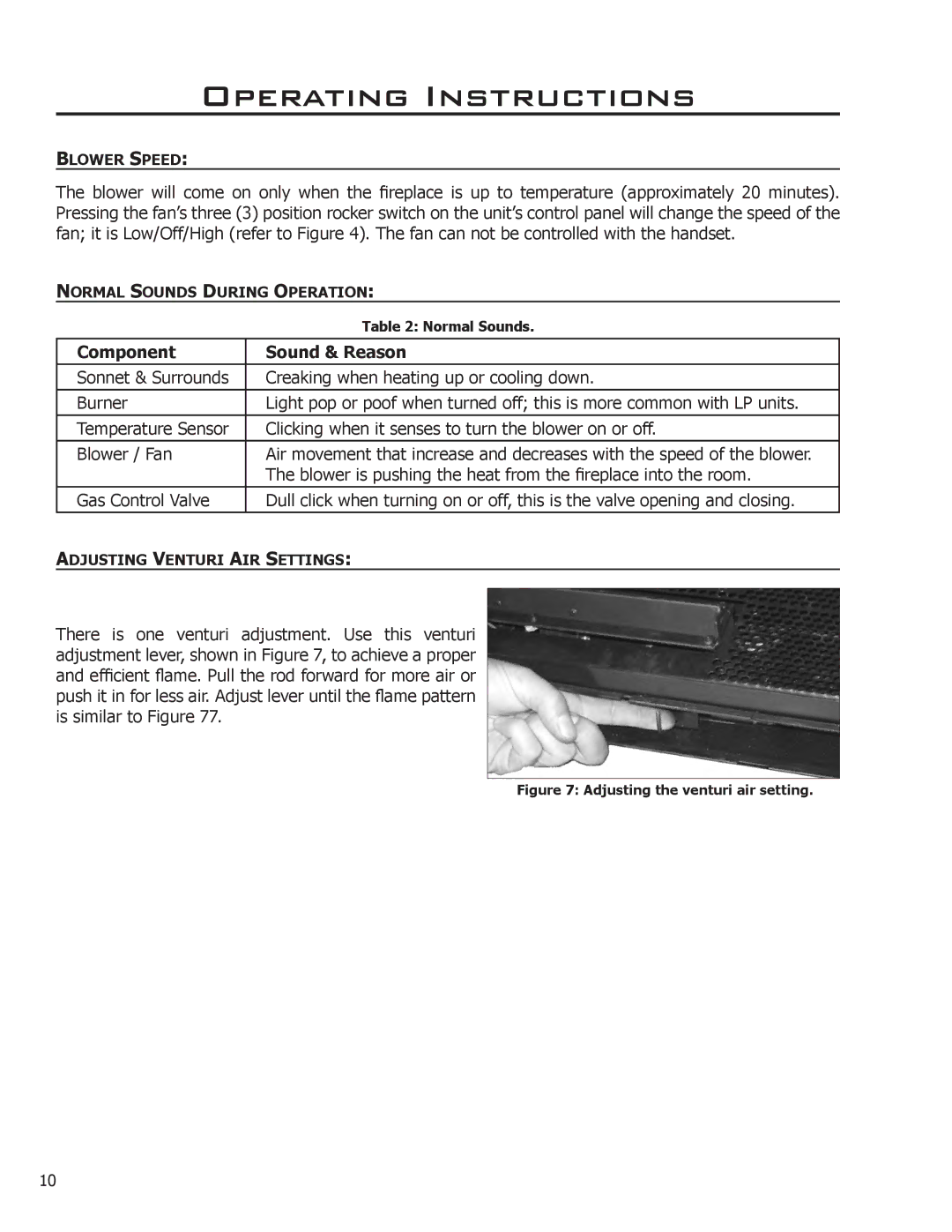 Enviro Sonnet, C-11089 owner manual Component Sound & Reason, Adjusting the venturi air setting 