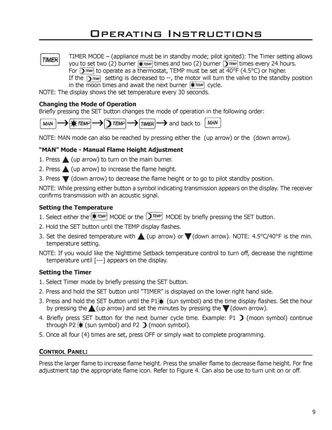 Enviro C-11089, Sonnet Changing the Mode of Operation, MAN Mode Manual Flame Height Adjustment, Setting the Temperature 