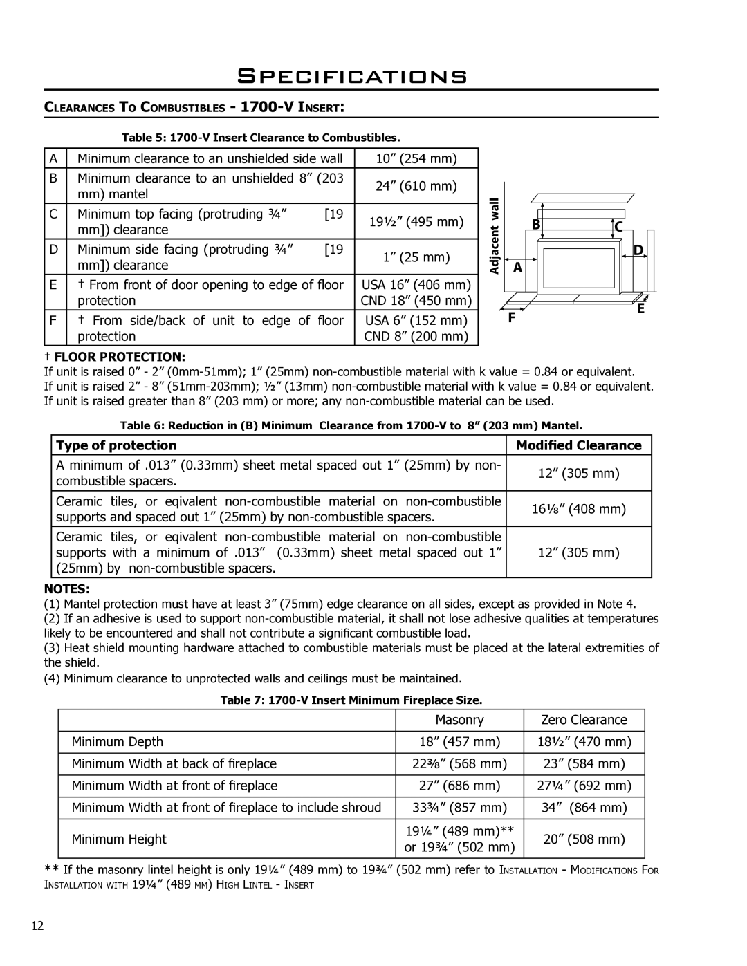 Enviro Venice, 1700-V Insert, 1200-V Insert owner manual Masonry Zero Clearance Minimum Depth 18 457 mm 