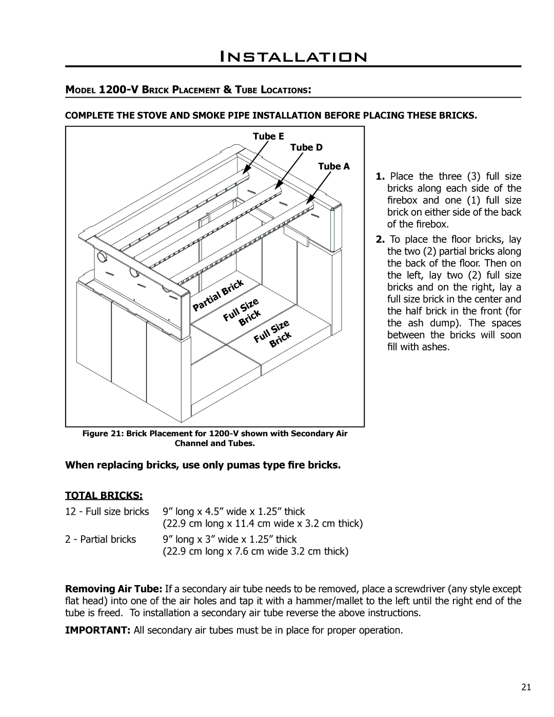 Enviro Venice, 1700-V Insert, 1200-V Insert owner manual When replacing bricks, use only pumas type fire bricks, Total Bricks 