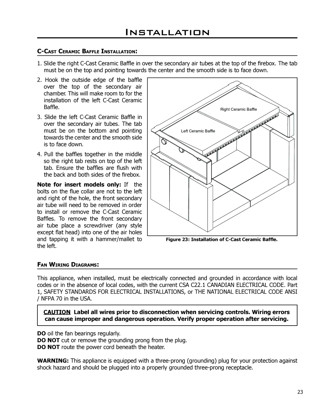 Enviro 1200-V Insert, Venice, 1700-V Insert owner manual Installation of C-Cast Ceramic Baffle 