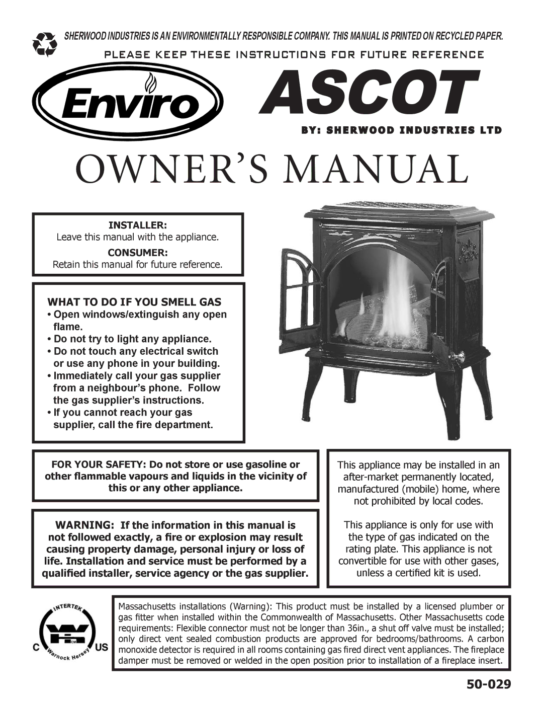 Enviro VENTED GAS FIREPLACE HEATER owner manual Installer, Consumer 