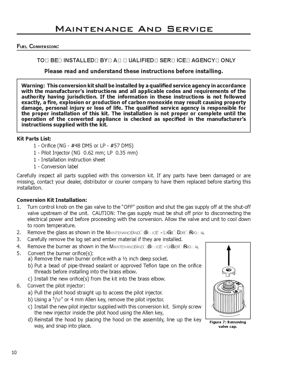 Enviro VENTED GAS FIREPLACE HEATER owner manual Kit Parts List, Conversion Kit Installation 