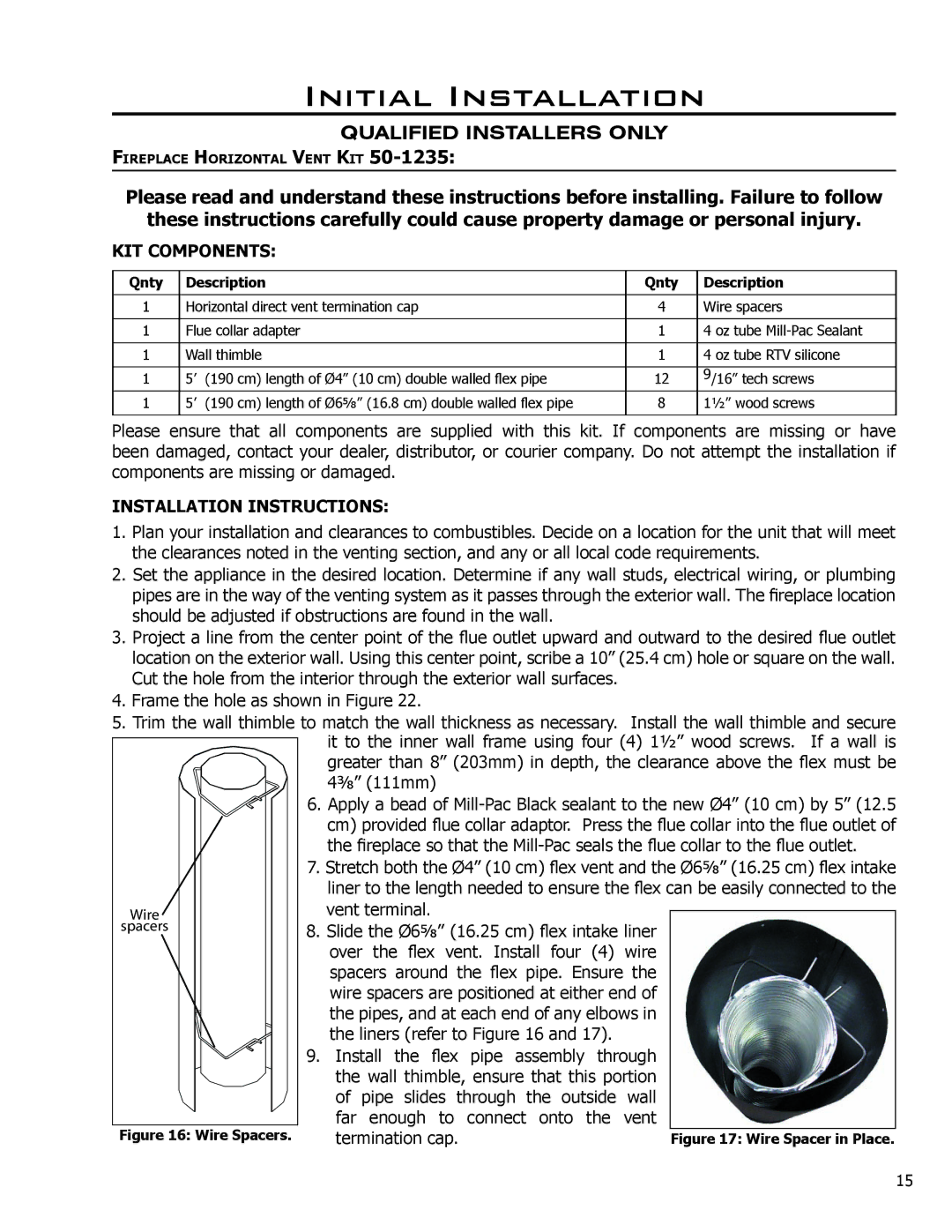 Enviro VENTED GAS FIREPLACE HEATER owner manual KIT Components, Installation Instructions 